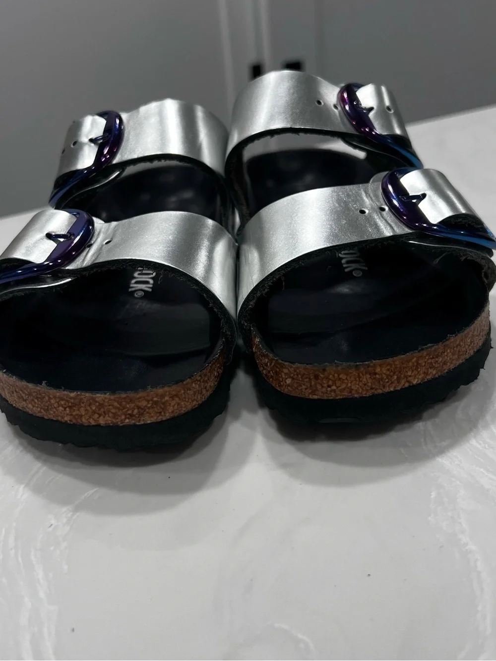 Birkenstock Arizona Big Buckle Slide Sandals Silver Metallic Leather Women's 37